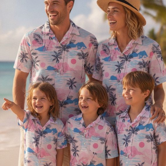 Women's pink Hawaiian shirt featuring tropical island scene with palm trees, mountains, and ocean elements
