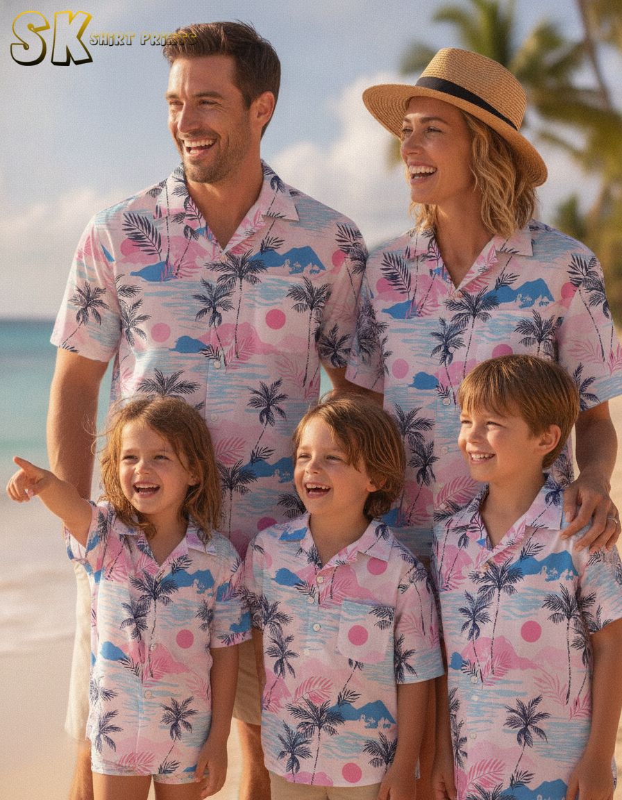 Women's pink Hawaiian shirt featuring tropical island scene with palm trees, mountains, and ocean elements