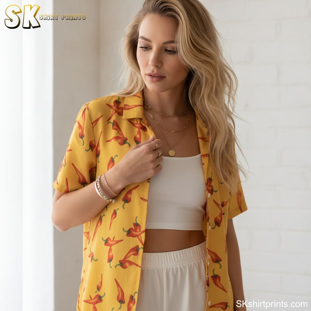 Yellow and blue Hawaiian shirt showcasing red chili peppers with green stems on bright yellow tropical fabric