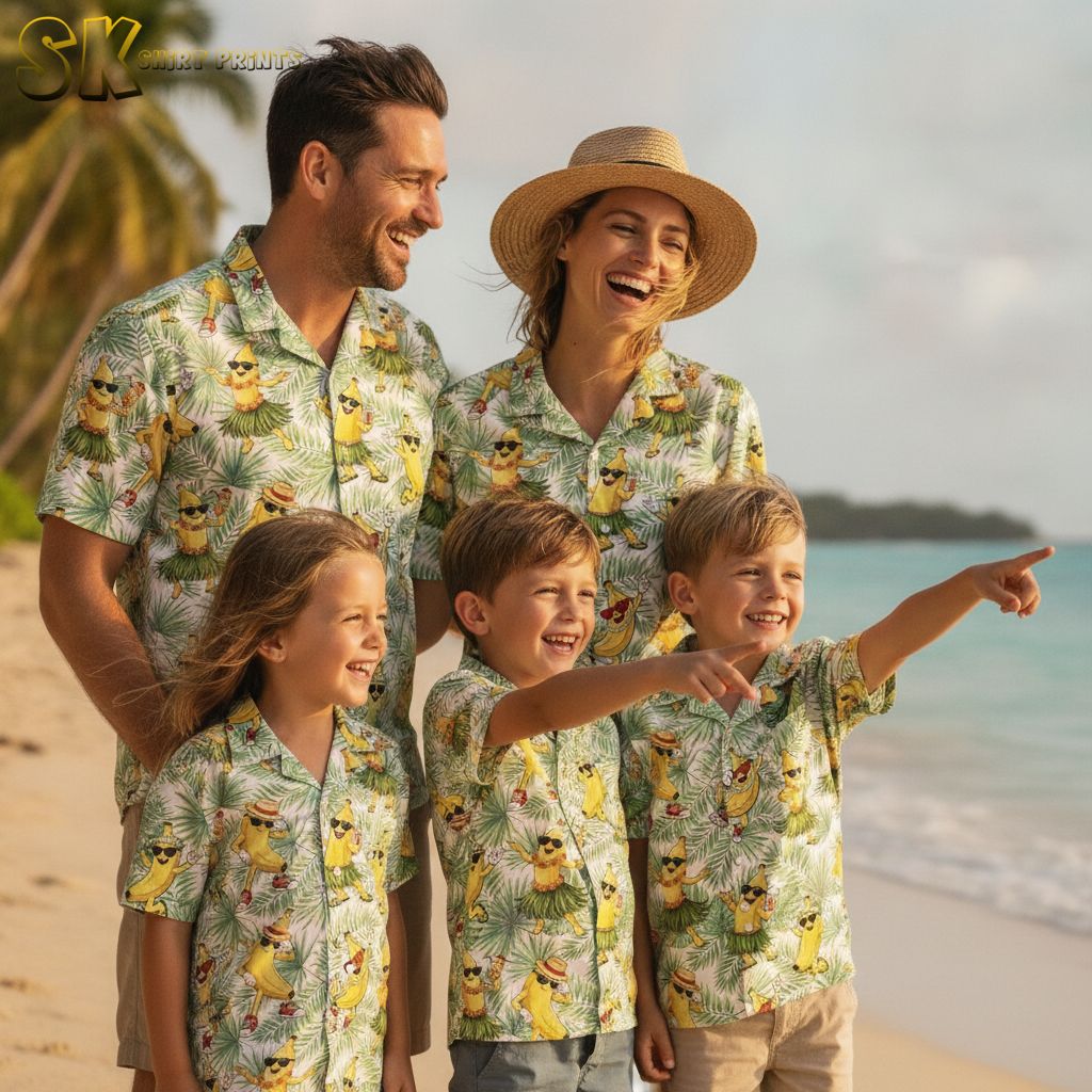 Yellow and white Hawaiian shirt displaying cartoon bananas in grass skirts and beach wear on leafy background