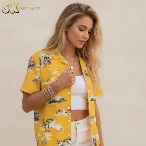 Yellow and white Hawaiian shirt featuring landscape design with trees and mountain scenery