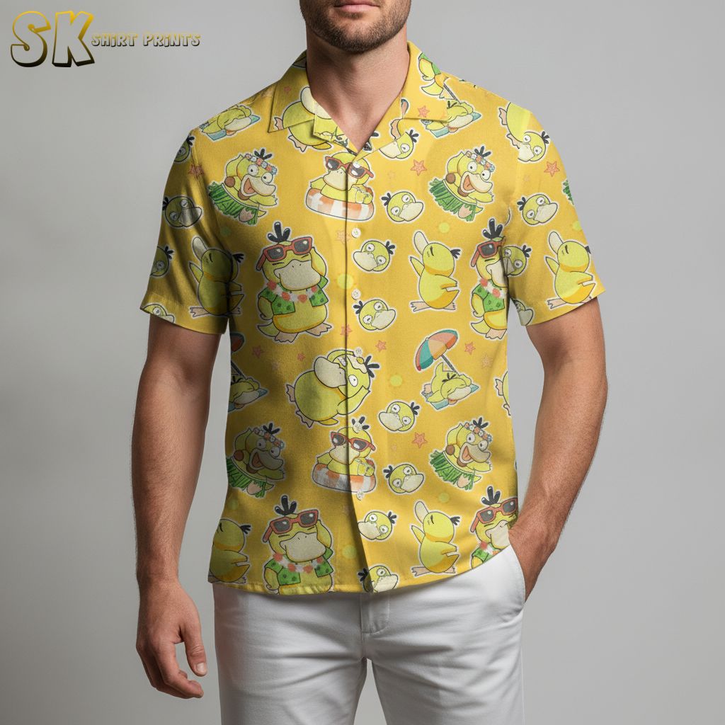 Yellow flower Hawaiian shirt with decorative floral elements and cartoon duck characters in tropical setting