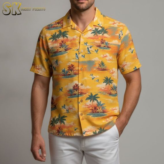 Yellow flower Hawaiian shirt displaying tropical vegetation and floral elements across small islands