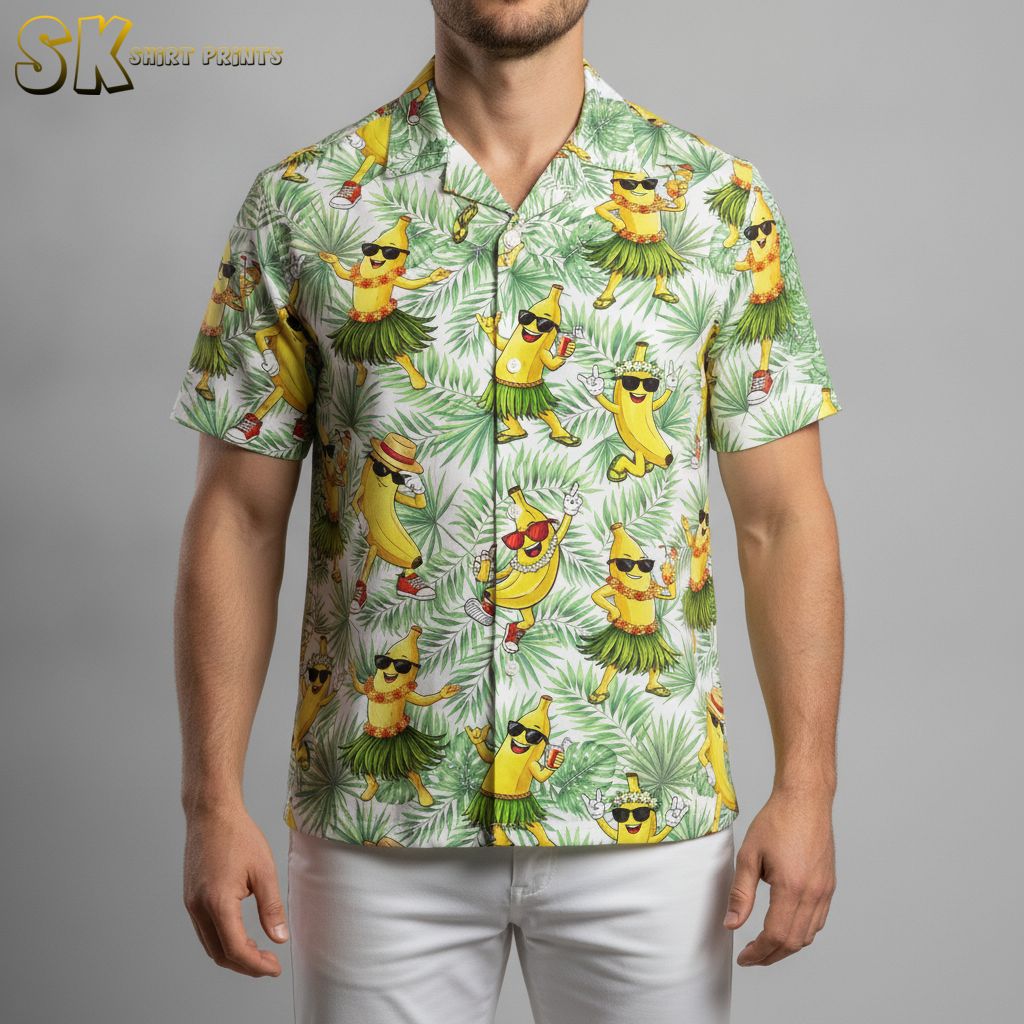 Yellow flower Hawaiian shirt displaying cartoon bananas in grass skirts holding drinks on leafy background
