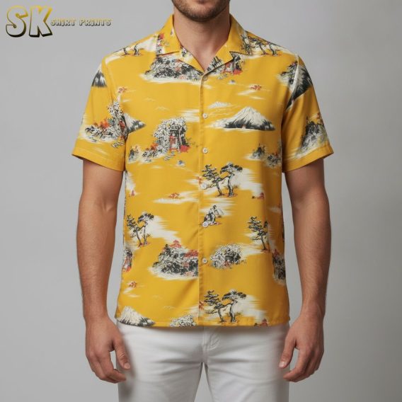 Yellow flower Hawaiian shirt displaying tropical foliage patterns with scenic landscape elements