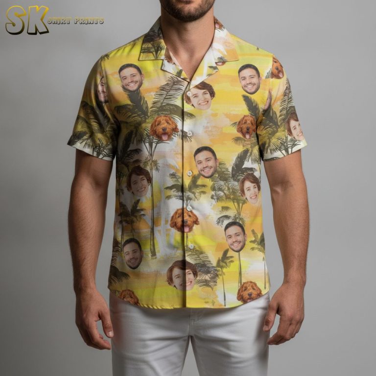 Mens Yellow Hawaiian Shirt with Faces and Palm Trees – Tropical Print Button Down