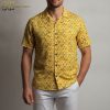 Yellow Hawaiian shirt displaying scattered emoji faces with different expressions across bright yellow fabric