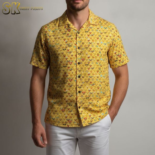 Yellow Hawaiian Shirt Womens Emoji Print - Fun Tropical Button Down with Smiley Face Design