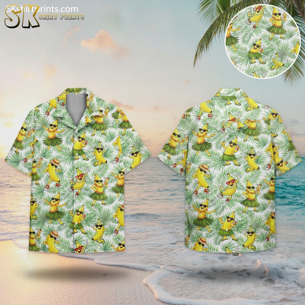 Yellow Hawaiian shirt for men featuring cartoon bananas wearing sunglasses on green palm leaf background