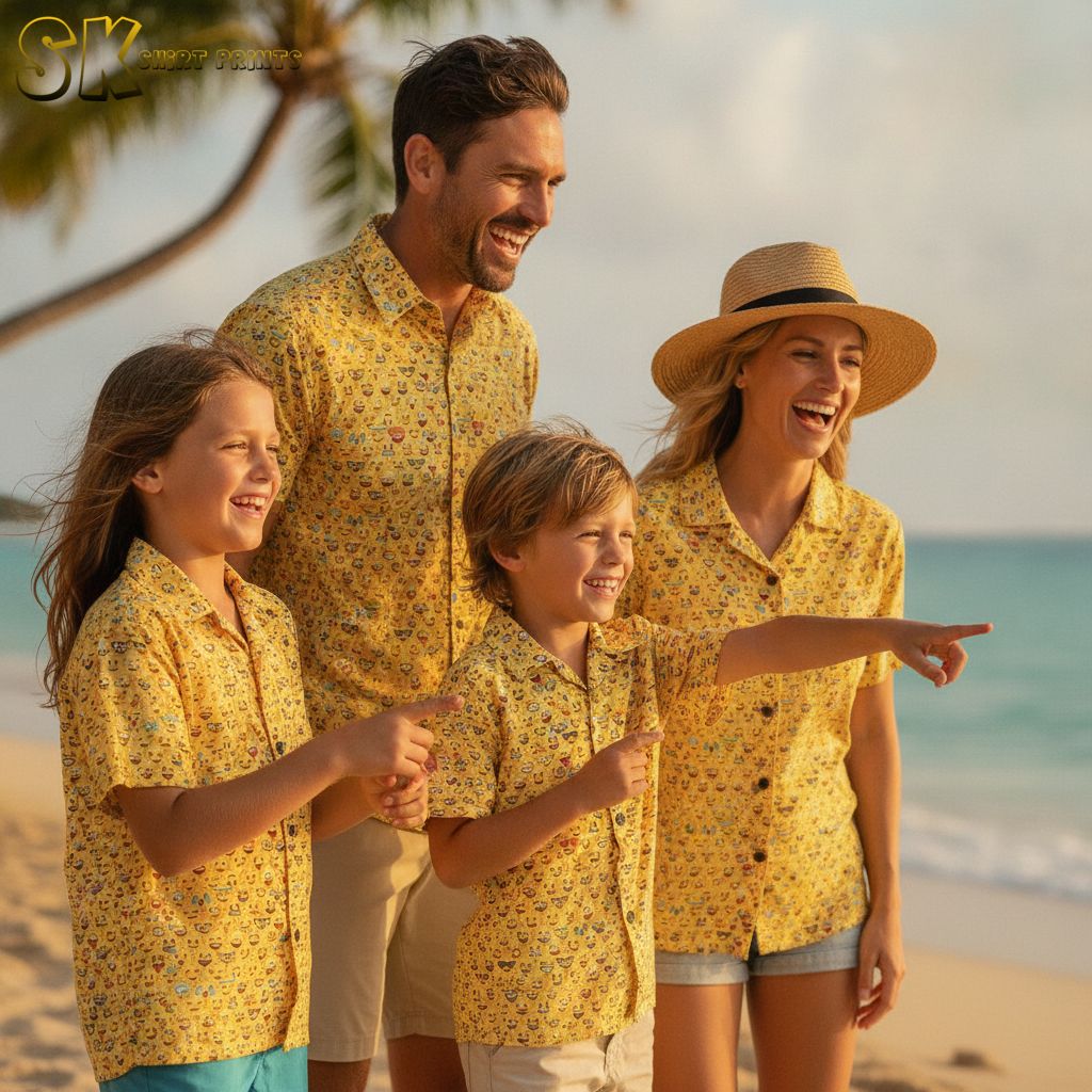 Yellow Hawaiian shirt men's cut featuring emoji pattern with smiling faces and sunglasses designs on yellow background