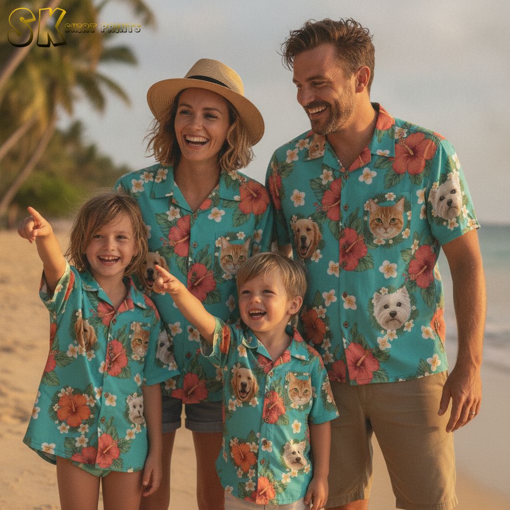 Yellow Hawaiian shirt for men showing floral and tiki print with black outlines