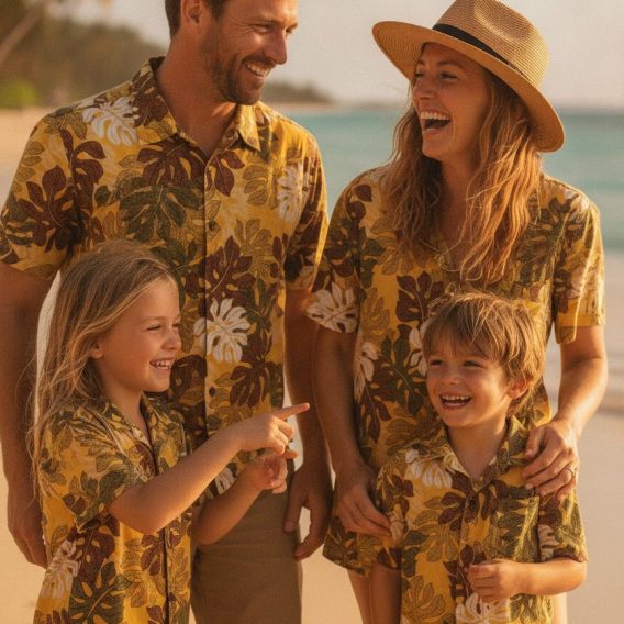 Yellow Hawaiian shirt for men with oversized tropical leaf print featuring white, maroon and green coloring