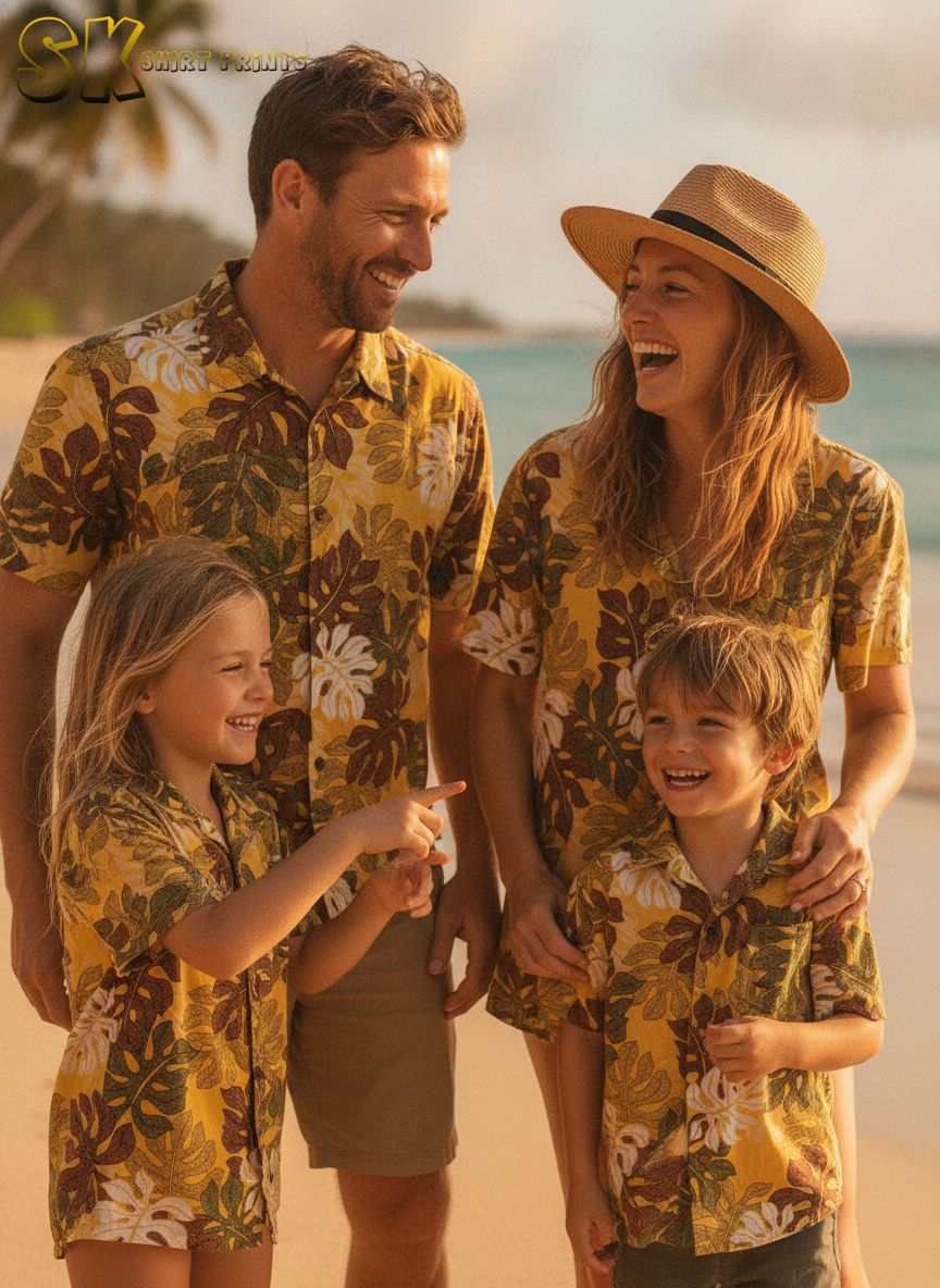 Yellow Hawaiian shirt for men with oversized tropical leaf print featuring white, maroon and green coloring