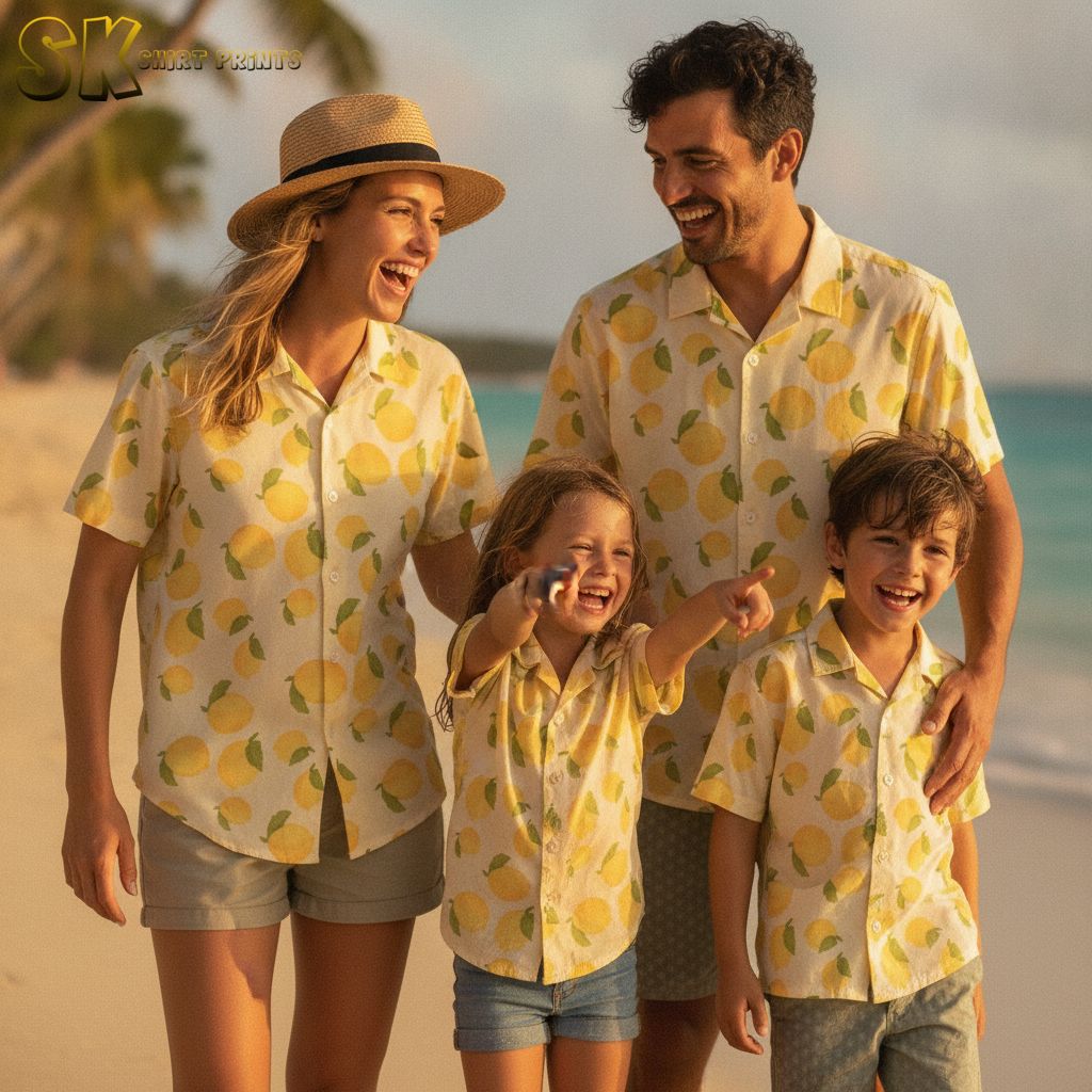 Yellow hawaiian shirt for men with detailed lemon and green leaf print