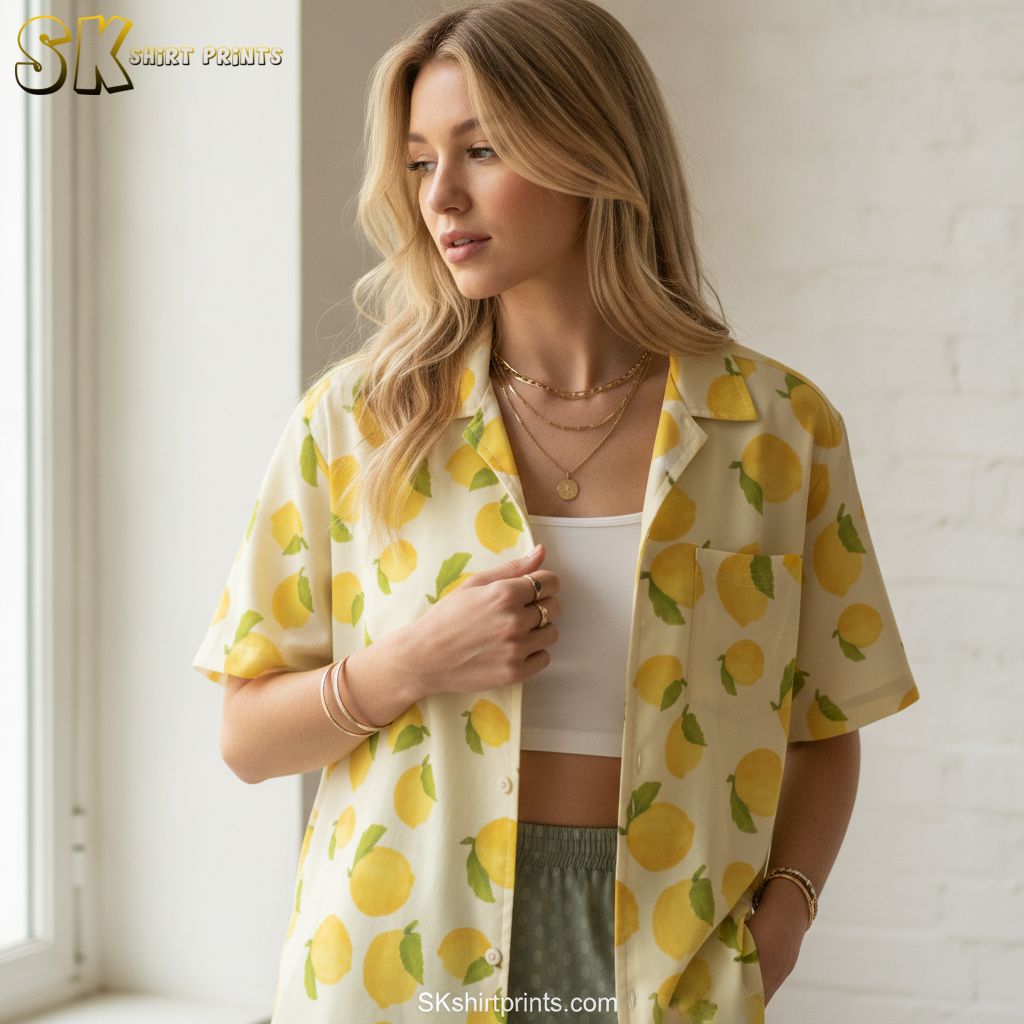Yellow hawaiian shirt mens style featuring lemon and leaf citrus print