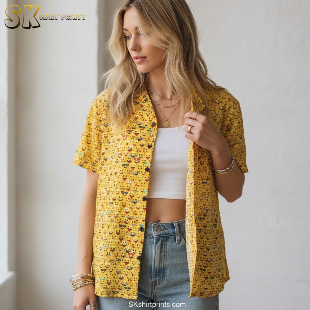 Yellow Hawaiian shirt mens style with colorful emoji faces including laughing and sunglasses expressions