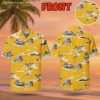 Yellow Hawaiian shirt for men featuring mountain landscape design with trees and traditional structures