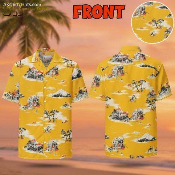 Yellow Hawaiian shirt for men featuring mountain landscape design with trees and traditional structures