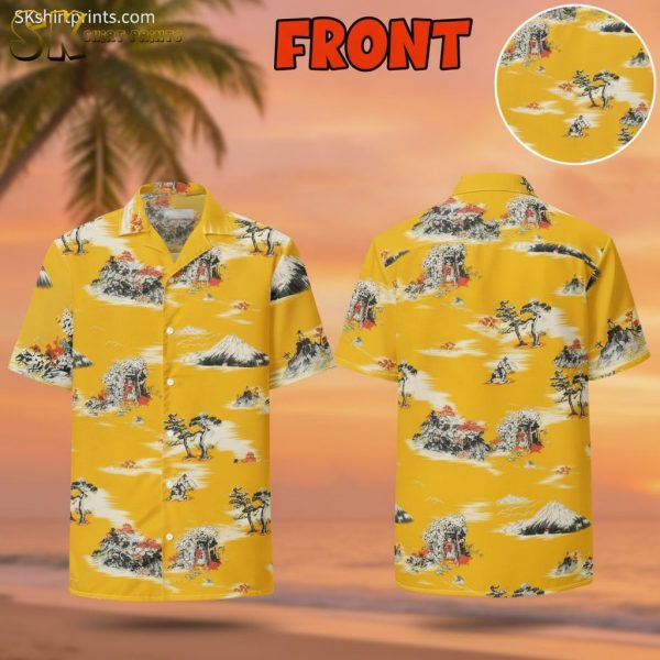 Yellow Hawaiian Shirt Mens Mountain Landscape Print Short Sleeve Button Up