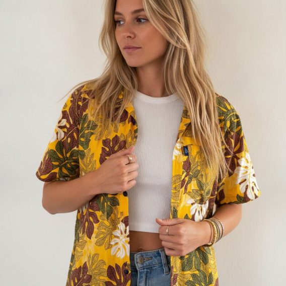Yellow Hawaiian shirt for men showing colorful tropical leaf designs with natural vein patterns