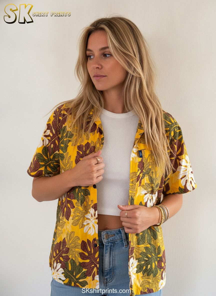 Yellow Hawaiian shirt for men showing colorful tropical leaf designs with natural vein patterns