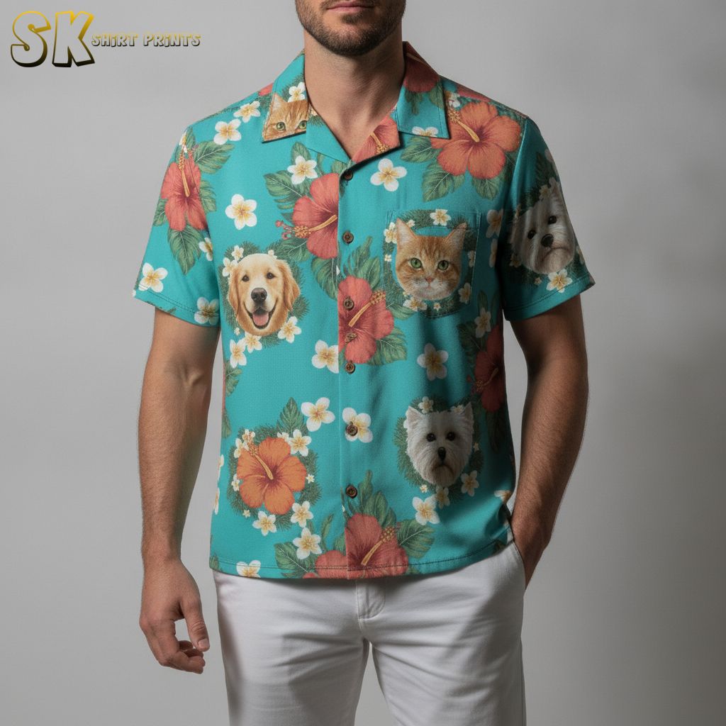 Yellow Hawaiian shirt with tropical hibiscus flowers and Hawaii text pattern