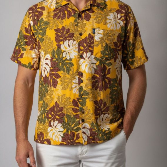 Yellow Hawaiian shirt displaying tropical leaf motifs in white, maroon and green with shaded detailing