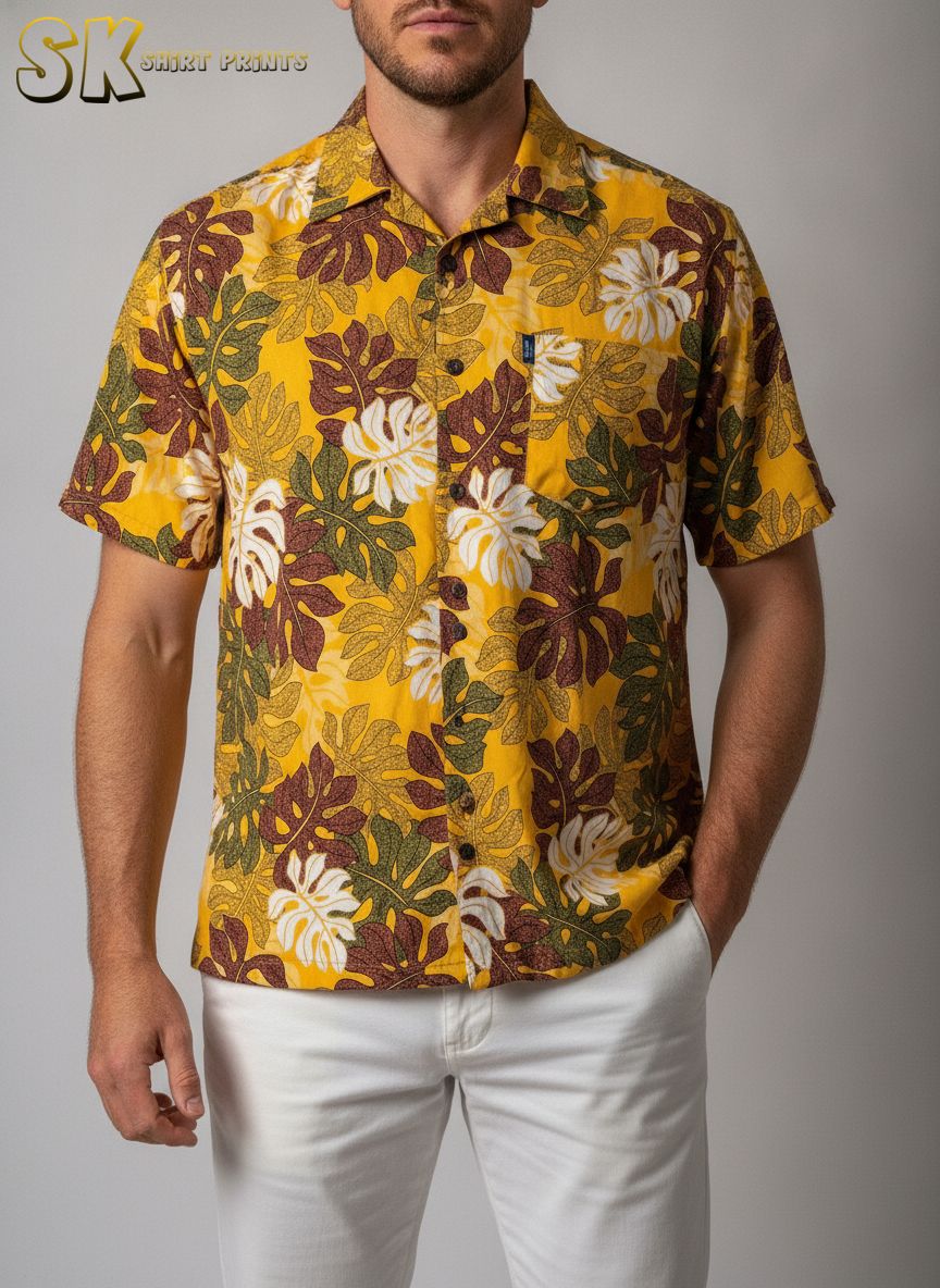 Yellow Hawaiian shirt displaying tropical leaf motifs in white, maroon and green with shaded detailing