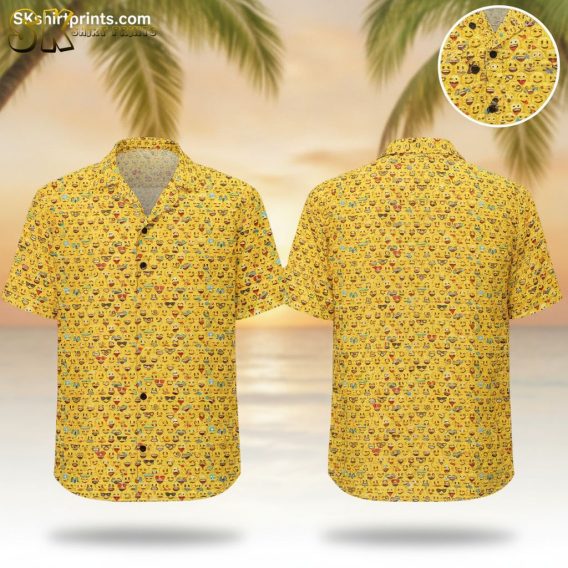 Yellow Hawaiian shirt womens with colorful emoji faces pattern including smiling and sunglasses designs