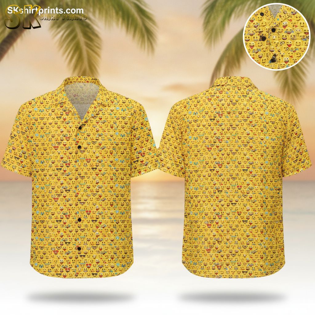 Yellow Hawaiian shirt womens with colorful emoji faces pattern including smiling and sunglasses designs