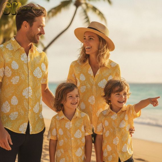 Yellow Hawaiian shirt for women with white monstera leaves and fern foliage printed on a bright yellow background
