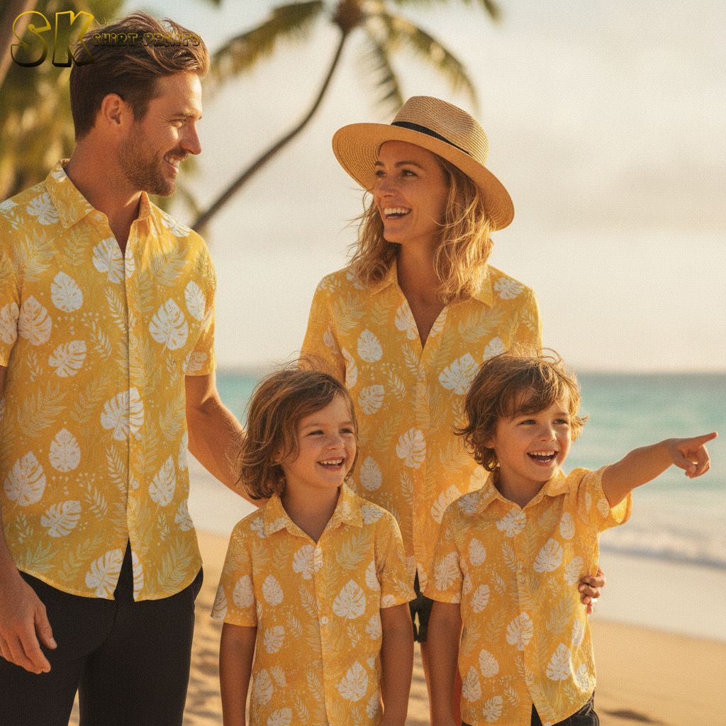Yellow Hawaiian shirt for women with white monstera leaves and fern foliage printed on a bright yellow background