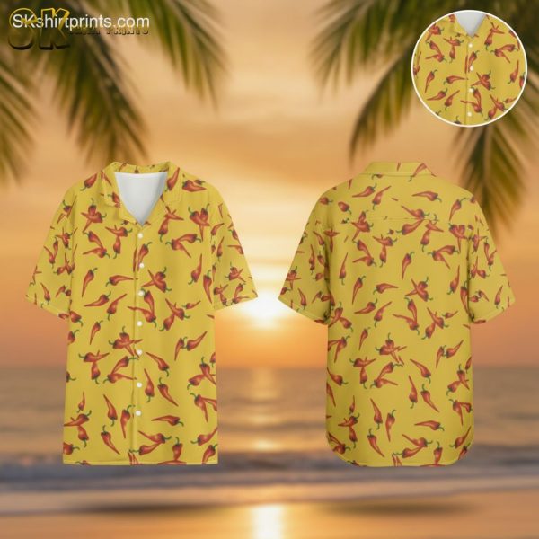Yellow Hawaiian Shirts for Men - Red Chili Pepper Print Tropical Button Down