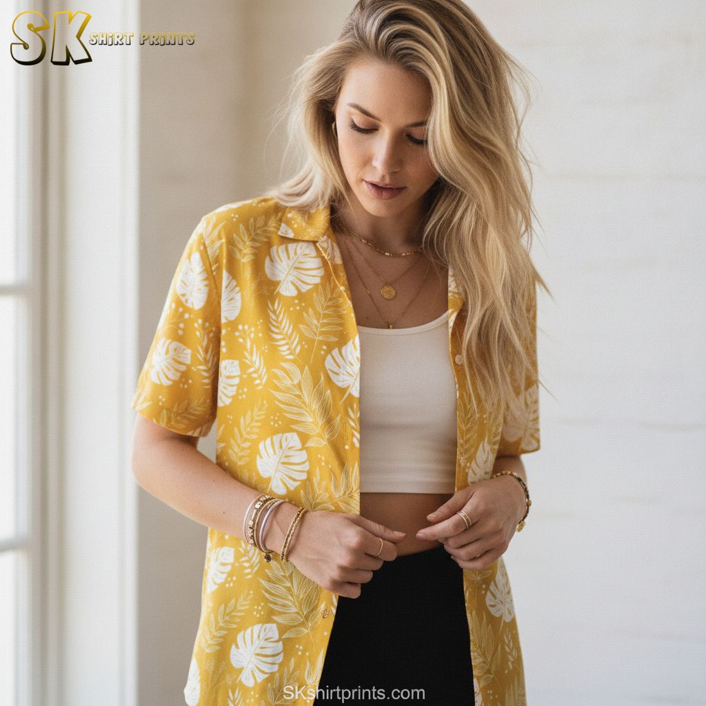 Yellow Hawaiian shirts for men shown with white monstera leaf and fern foliage all-over print on a bright yellow shirt