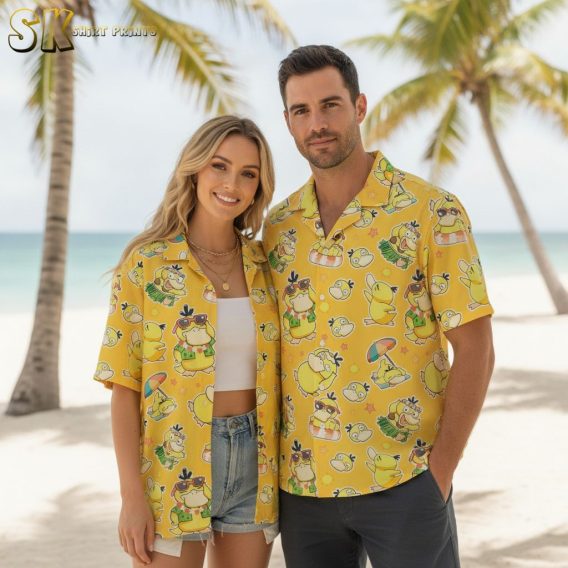 Yellow hibiscus Hawaiian shirt displaying tropical flowers alongside cartoon duck characters with beach gear