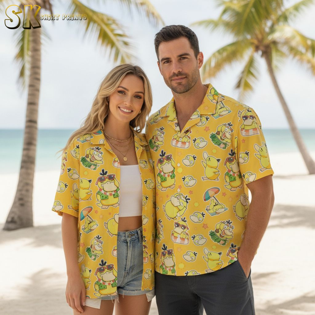 Yellow hibiscus Hawaiian shirt displaying tropical flowers alongside cartoon duck characters with beach gear