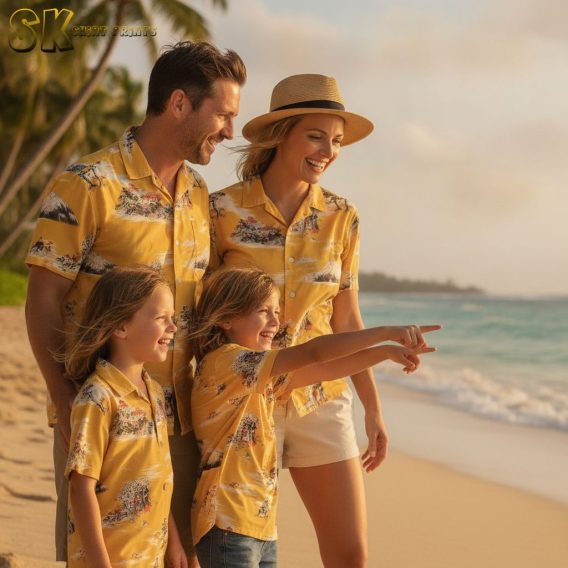 Yellow hibiscus Hawaiian shirt with tropical scene print including foliage and landscape details