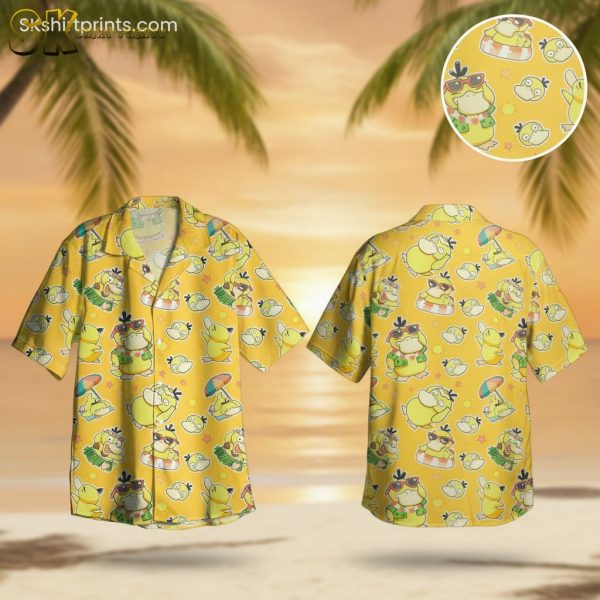 Yellow Men's Hawaiian Shirt with Cartoon Duck Beach Characters and Tropical Accessories