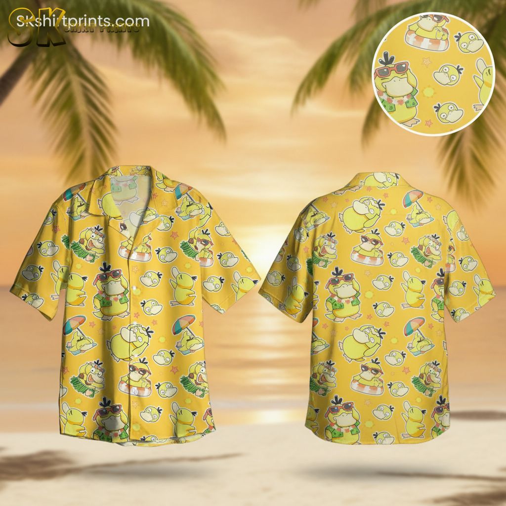 Yellow men's Hawaiian shirt featuring cartoon duck characters with sunglasses, leis, and beach accessories