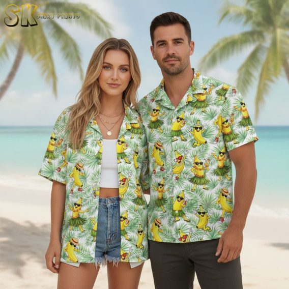 Yellow pineapple Hawaiian shirt showing playful bananas in various beach outfits against green tropical leaves