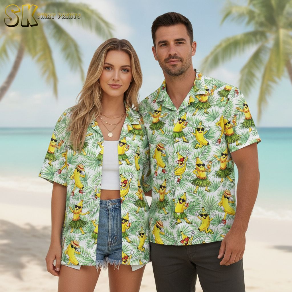 Yellow pineapple Hawaiian shirt showing playful bananas in various beach outfits against green tropical leaves