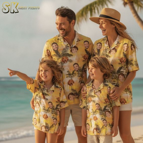 Yellow pineapple Hawaiian shirt with face portraits and palm tree tropical graphics