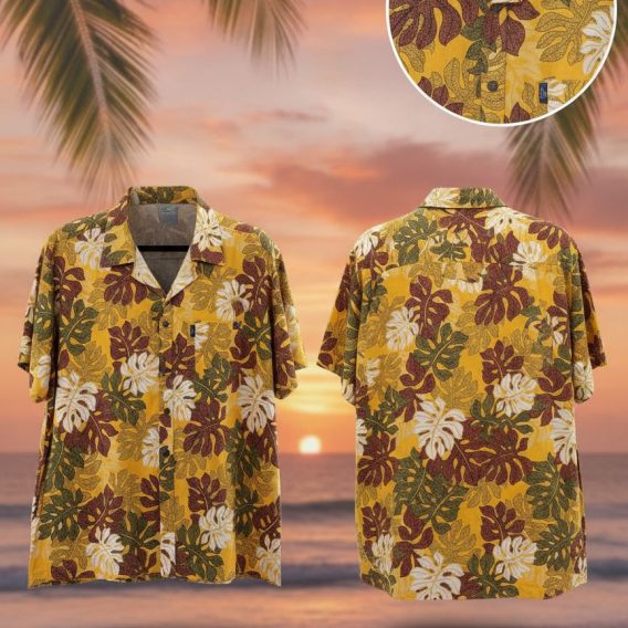 Yellow tropical shirt featuring large white, maroon and green leaf patterns with detailed vein designs