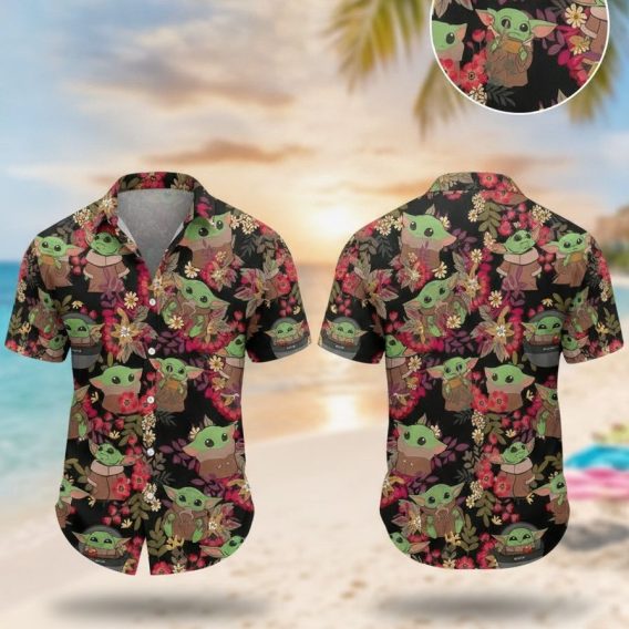 Yoda Hawaiian shirt featuring a repeating pattern of green Yoda characters with large ears and big eyes, surrounded by red, pink, and yellow flowers on a black background