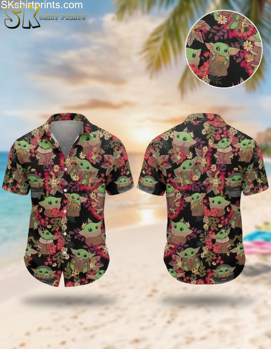 Yoda Hawaiian shirt featuring a repeating pattern of green Yoda characters with large ears and big eyes, surrounded by red, pink, and yellow flowers on a black background