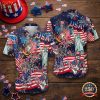 Flat lay display of 250 years of America Hawaiian shirt in color 5, showing full all-over print with Uncle Sam skeletons playing guitar, American flags, fireworks, Statue of Liberty, and USA text