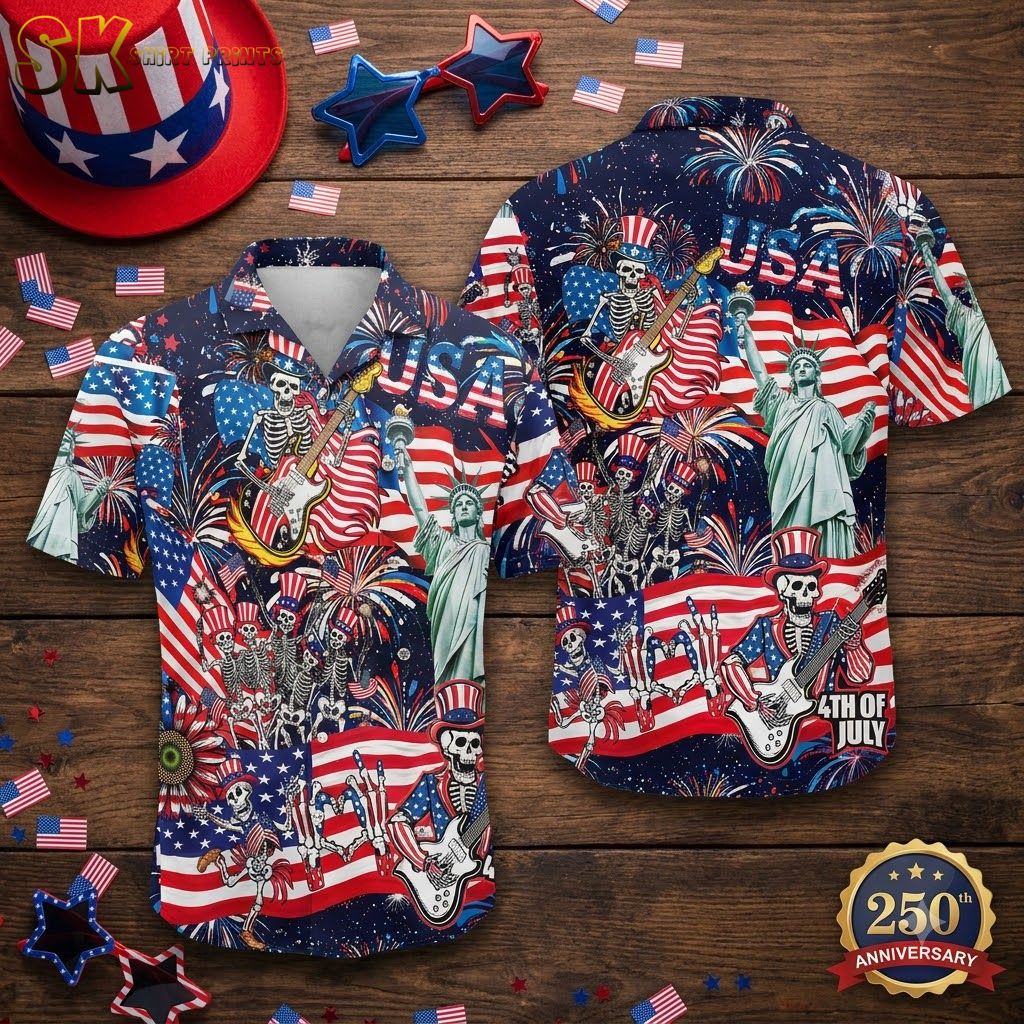 Skeleton Uncle Sam Guitar Hawaiian Shirt – America 250th Anniversary 4th of July Design
