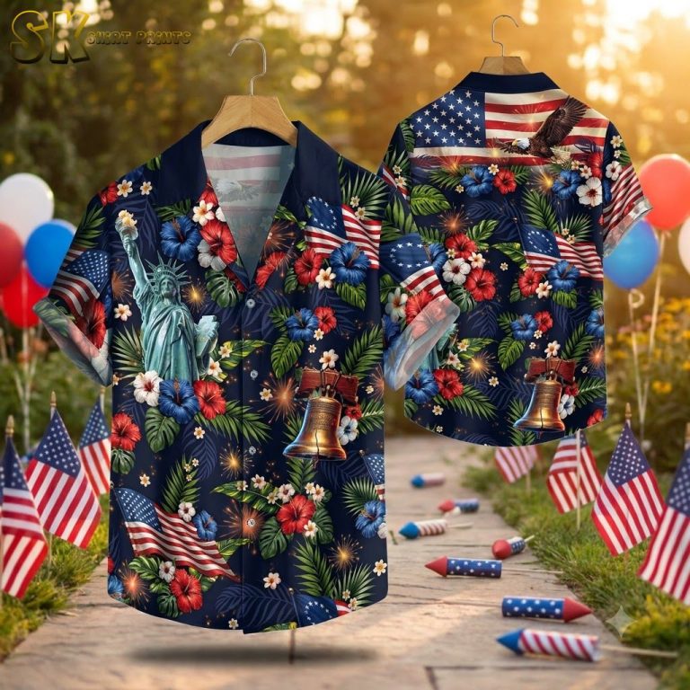 America 250th Anniversary Hawaiian Shirt with Statue of Liberty, Eagle & Hibiscus Print
