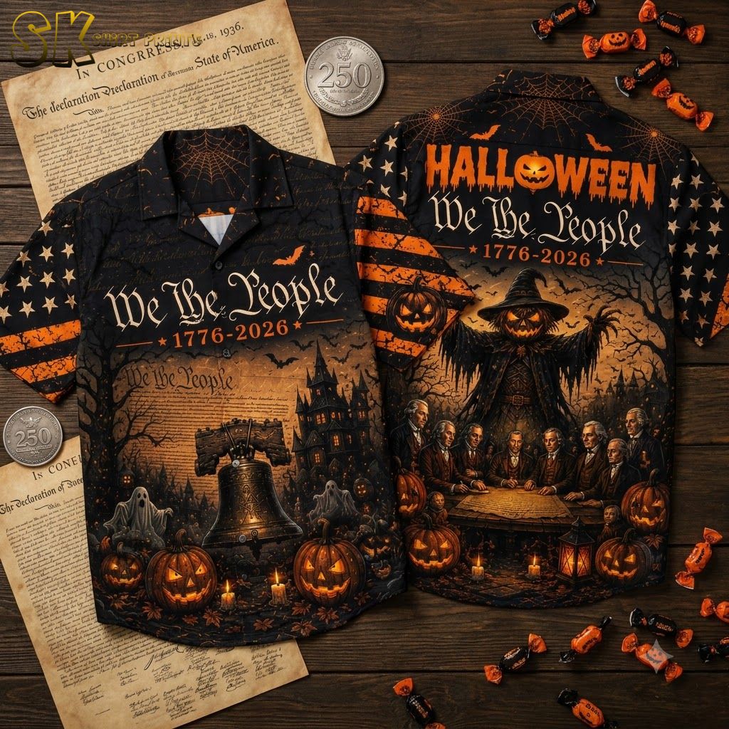 Flat lay display of 250th anniversary Hawaiian shirt showing full print detail — jack-o'-lanterns, ghosts, bats, spiders, haunted house, Liberty Bell, scarecrow, and We the People 1776-2026 text in orange and black