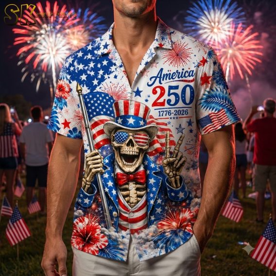 250th anniversary Hawaiian shirt with skeleton in American flag top hat and blue star-covered suit, red white and blue fireworks print, worn by male model in studio setting